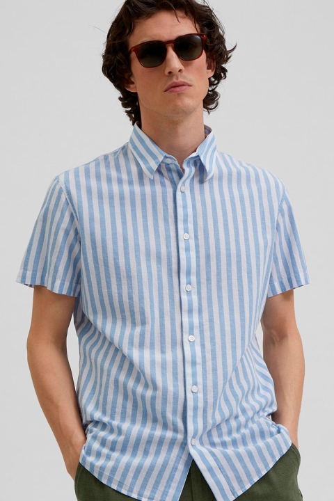 Selected Reg New Linen Shirt SS Stripe Cashmere Blue
