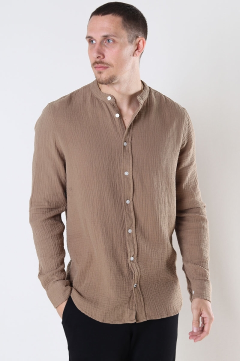 Kronstadt Johan Muslin Henley shirt Sepia tint brown