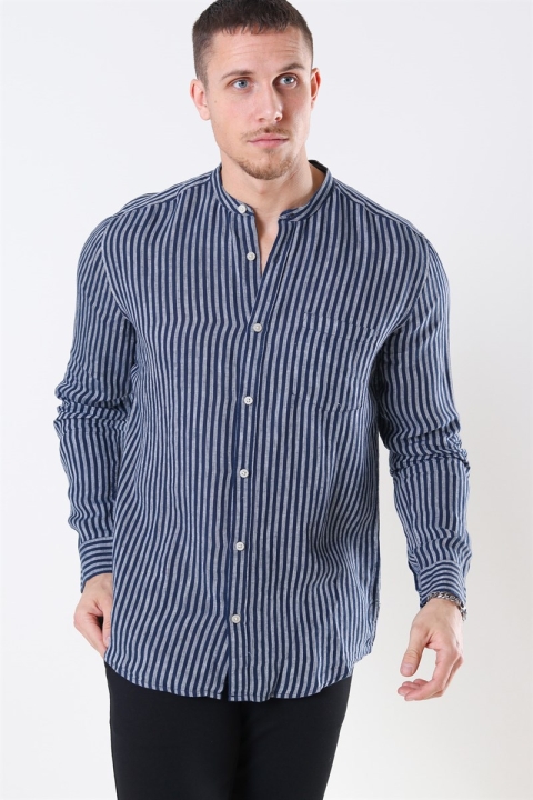 Only & Sons Luke LS Linen Mandarine Shirt Dress Blues/White Stripes