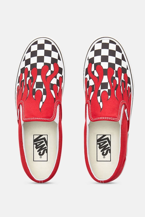 red slip on vans checkered flames