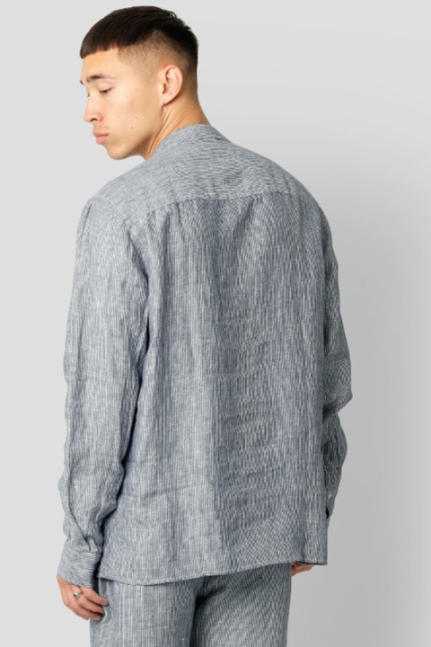 Clean Cut Copenhagen Andreas Cotton Linen Mao Shirt L/S Navy / Ecru