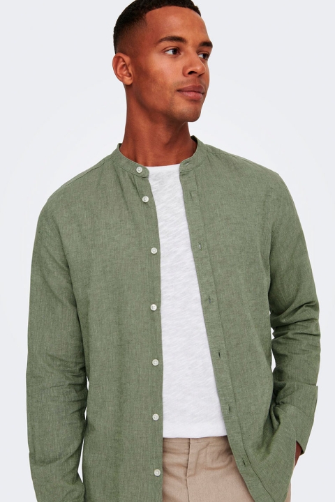 ONLY & SONS CAIDEN LS SOLID LINEN MAO SHIRT Swamp