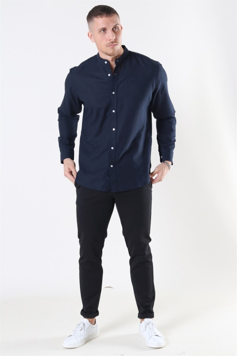 Clean Cut Cotton Linen Mao Shirt Navy