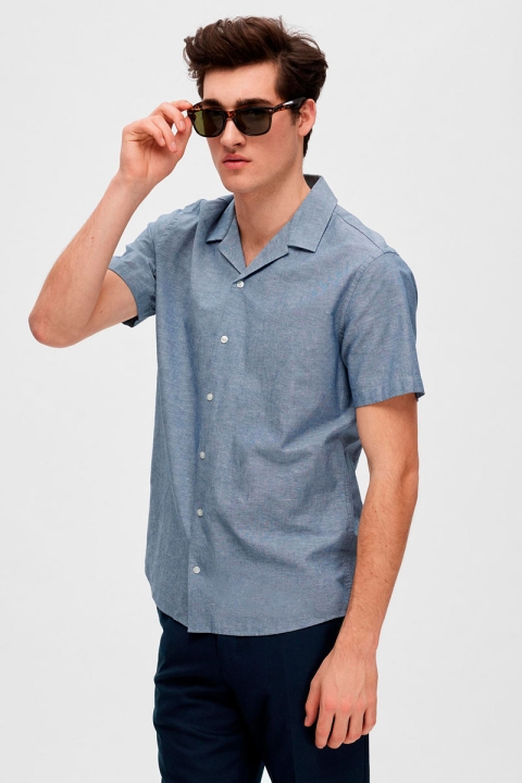 Selected SLHREGNEW-LINEN SHIRT SS RESORT W Medium Blue Denim