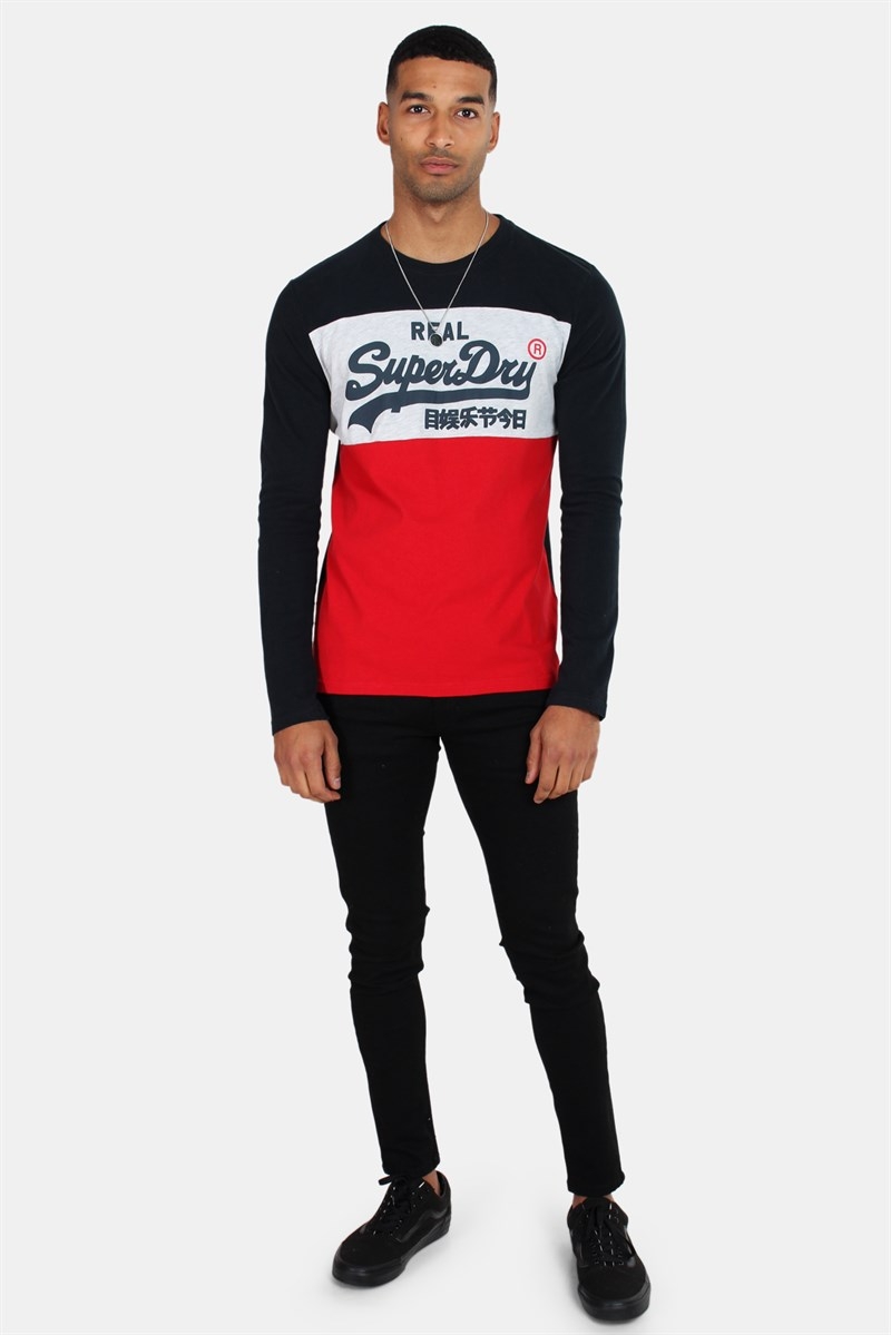 Superdry Vintage Logo Panel L S T shirt Navy Red Grey