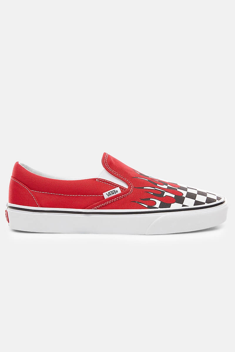 red slip on vans checkered flames