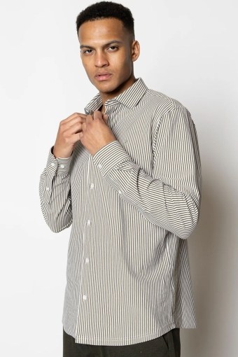 Clean Formal Stretch Stripe Shirt L/S Army/White Stripe