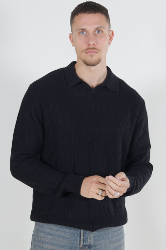 Relaxed Fit Structered Knit Polo Black