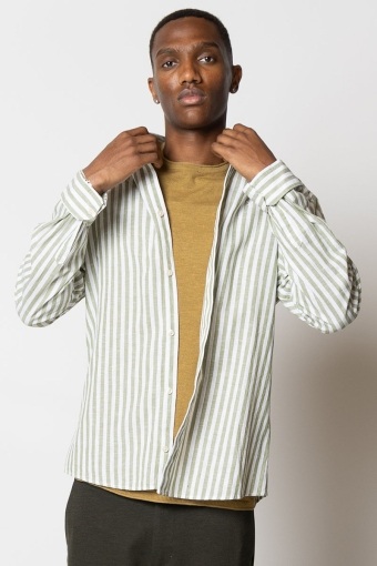 Jamie Cotton Linen Striped Shirt LS Green/Ecru